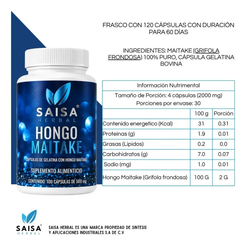 Maitake Orgánico 120 Cápsulas | Suplemento Inmunológico Natural | Saisa