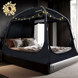RIYDH Bed Tent Bed Canopy Breathable 100% for Adult and Kids- Original Design Light Reduction 93% Sleeping Dream Tents Indoor Portable Big Space with String Light 3 Doors Twin Full Queen King Size