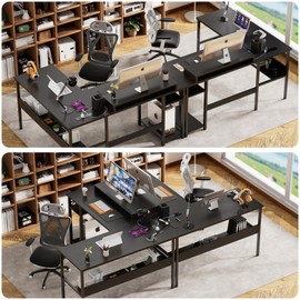 Unikito Reversible L Shaped Desk with Magic Power Outlets and Smart LED Light, Sturdy Corner Computer Desk with Monitor Stand & Storage Shelves, Gaming Table Home Office Desk, Easy Assembly, Black