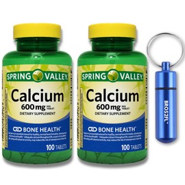Calcium Bone Health Dietary Supplement Tablets, 600 mg, 100 Count (2-Pack) Bundle with BROS2FL Keychain Waterproof Portable Metal Pill Box (2 Items)