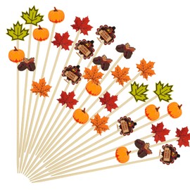 100PCS Fall Cocktail Picks, Pumpkin Maple Leaf Autumn Theme Toothpicks Fancy Bamboo Fruit Sticks Charcuterie Sandwich Appetizer Skewers for Thanksgiving Day Party Decorations (Fall)