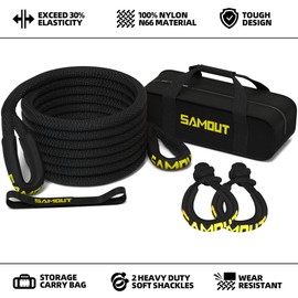 SAMOUT Kinetic Recovery Rope (48000Lbs 1in x 20ft) + 2PCS Synthetic Soft Shackle, Extreme Duty 30% Elasticity Energy Snatch Strap for 4x4 Offroad Vehicle