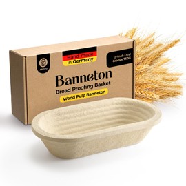 13" Oval Wood Pulp Banneton Bread Proofing Basket – 1.5LB Brotform, Grooved Pattern– Non-Stick Natural Wood Pulp Pressed for Durability– Made in Germany Proofing Basket for Sourdough Bread Baking