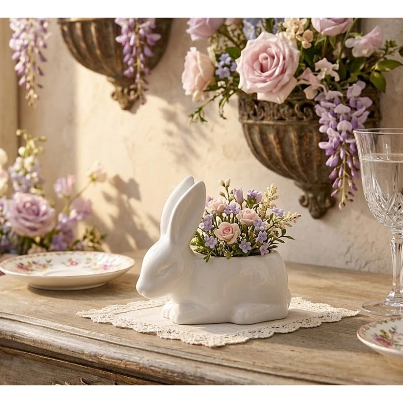 Napco Rabbit Shaped Ceramic Planter/Cache Pot, Small, White