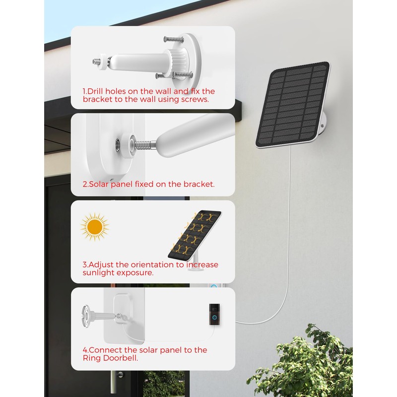 Solar Panel for Ring Doorbell, 5W IP66 Waterproof Solar Panel