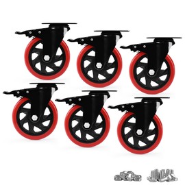 Caster Wheels, Heavy Duty 5 Inch Casters Set of 6, Locking Swivel Casters Wheels for Cart, Furniture and Workbench, Red