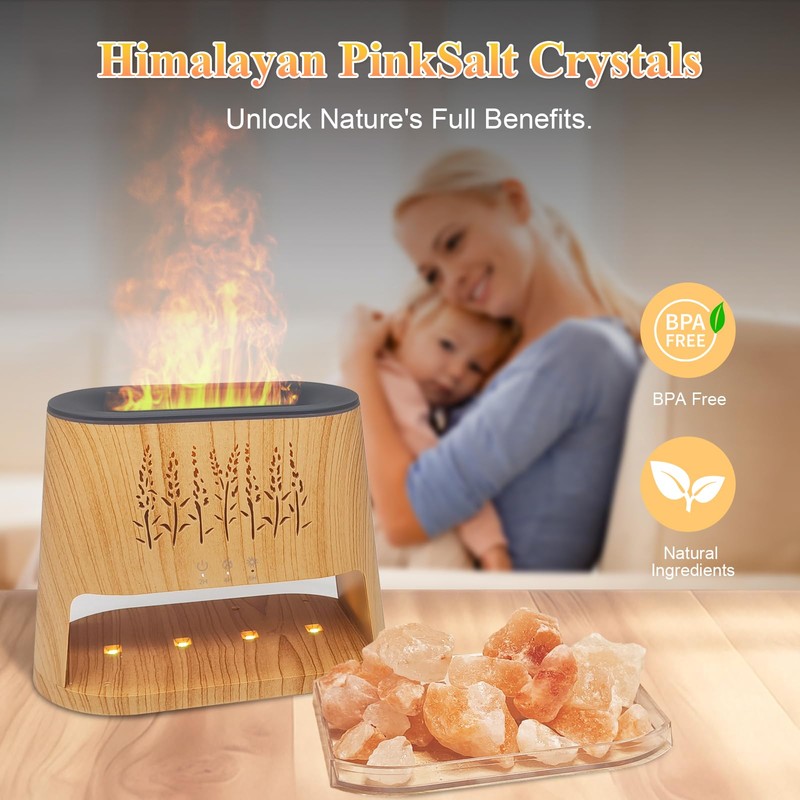Fireplace Flame Diffuser & Himalayan Salt Lamp, 8 Colors Aromatherapy