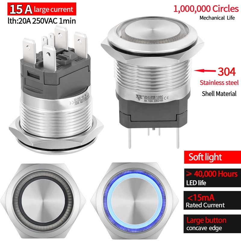 (15 Amp) 22mm Latching Push Button Switch 12V DC DPST