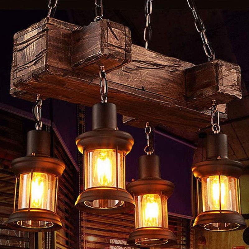 Farmhouse Lighting Industrial Rustic Wood Linear Island Pendant Light Chandelier