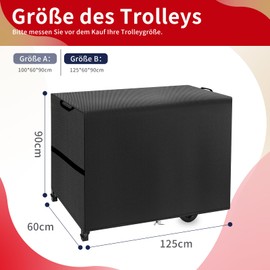 Cover for Serving Trolley, Waterproof, Protective Cover for Plancha Trolley, Windproof, Cover Serving Trolley with Drawstring and Carry Handle, 420D Oxford Fabric (125 x 60 x 90 cm, Black)