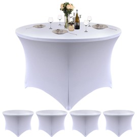 4 Pack Thick White 60Inch Round Spandex Tablecloth for 5FT Round Tables|Fitted Stretch Tablecloth with Foot Bag for Party, Wedding, Birthday, Banquet, Vendor Stand