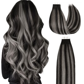 Lacer Extensiones De Cabello Humano Liso Con Cinta Gris, Con Reflejos Negros A Plateados Y Raíces Negras Naturales, 20 Pulgadas, 20 Unidades/50 G