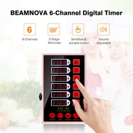 BEAMNOVA 6 Channel Digital Kitchen Timer Cooking Reminder Commercial Loud Ring Alarm Stainless Steel Adjustable Volume