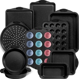 Kikcoin 22 PCS Nonstick Baking Pans Set, Stackable Bakeware Sets with Silicone Handles, 450°F Oven Safe Baking Sheet set, Easy Release Cookie Sheets for Baking, Black