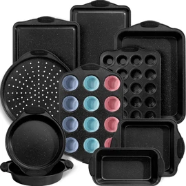 Kikcoin 22 PCS Nonstick Baking Pans Set, Stackable Bakeware Sets with Silicone Handles, 450°F Oven Safe Baking Sheet set, Easy Release Cookie Sheets for Baking, Black