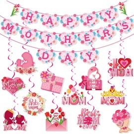 DWEARTY Happy Mothers Day Banner and 12 Hanging Swirls - Pink Mothers Day Decorations for Party, Home, Office - Moms Day Decor Supplies