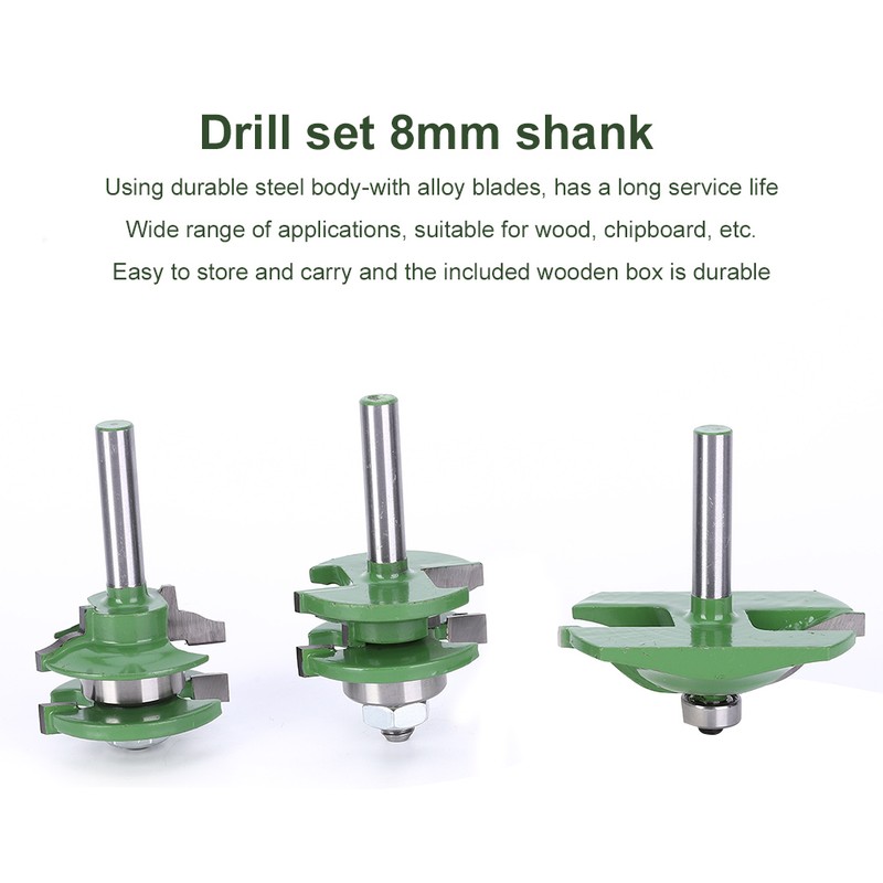 3Pcs 8-Shank Cutter Drill Set T Shape Wood Milling Cutter
