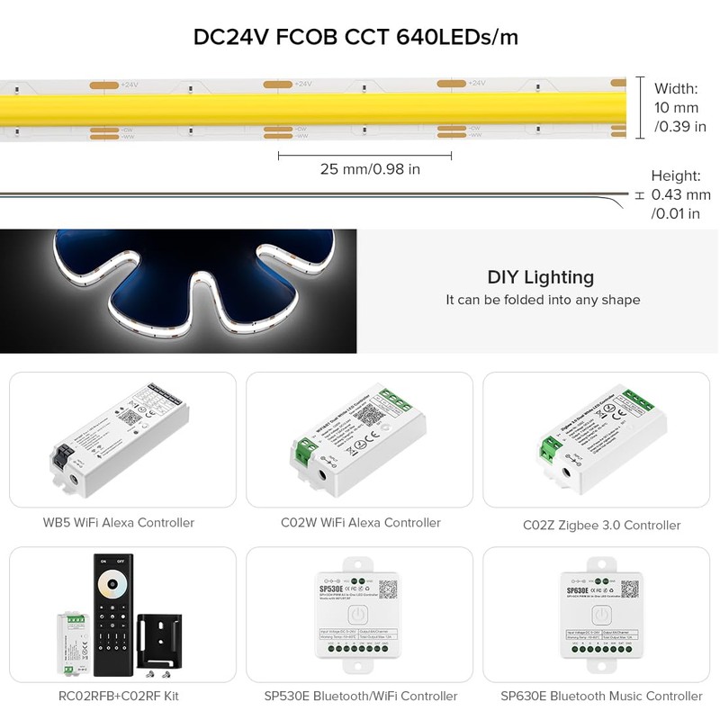 BTF-LIGHTING FCOB COB LED Strip CCT Flexible High Density 16.4FT