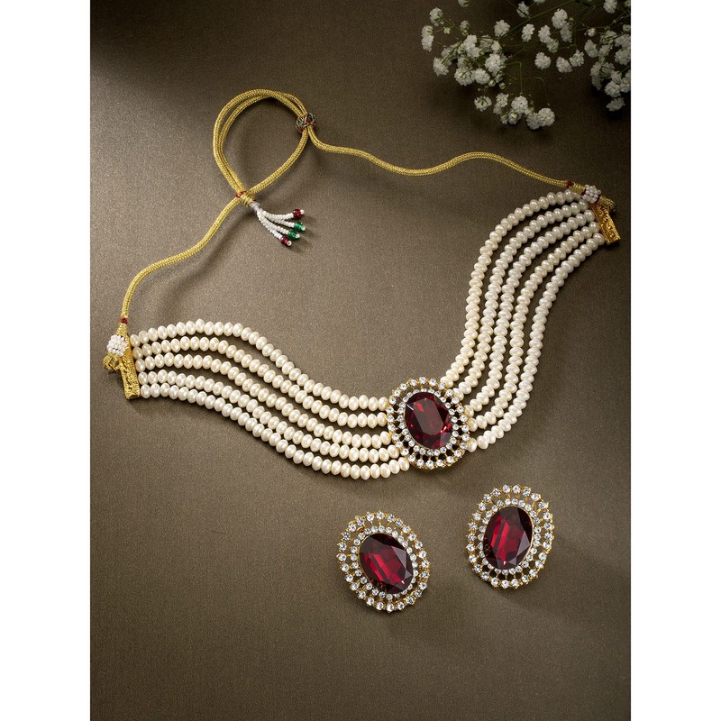 Aheli Kundan Pearl Gargantilla de cuentas de varias capas Pendientes
