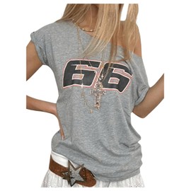 SOLY HUX Women's Graphic Tees Off Shoulder Jersey Short Sleeve Summer Shirts Top Coquette Clothes Y2k Streetwear Light Grey Large