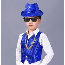 Kids Dance Hip Hop Jazz Costume Boys Sequin Vest Hat Sunglasses Set for Dance Party 7-8 Years Blue