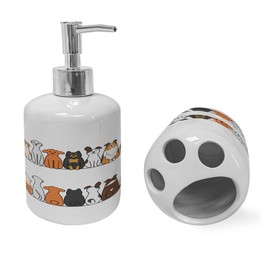 Ambesonne Dog Soap Dispenser & Toothbrush Holder Set, Multicultural Dog Family in a Row from Back and Front Views Companionship Comic Art, Ceramic Bathroom Toiletry Accessories, 2 Pcs, Yellow Brown