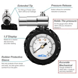 Presta Valve Gauge, GODESON Analog Presta Valve Bicycle Tire Pressure Gauge,100PSI/7Bar, Suitbale for Hybrid Bike Tire Inflation Range