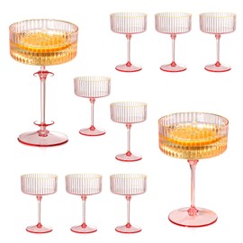 12 Pcs Detachable Martini Glasses 10oz Plasitc Pink Ribbed Coupe Glasses Gold Rim With Pink Stem Vintage Cocktail Glassware Set Unique Martini Glass For Champagne Wine Wedding Anniversary Bar