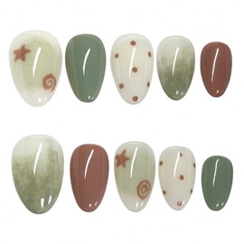 Cute Matcha Latte Handmade Nail Tips - Stiletto / 귀여운 말차라떼 수제네일팁 - 스텔레토