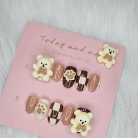 Cozy check brown bear nail tip - short nose pin / 포근한 체크브라운곰돌이네일팁 - 숏코핀