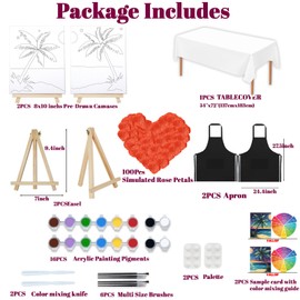 VALLSIP 2Pack Paint and Sip Canvas Painting Kit Pre Drawn Canvas for Painting for Adults Stretched Canvas Couples Games Date Night Anniversary Paint Party Supplies Favor Moonlit Night Easel