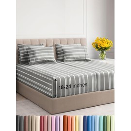 CGK Unlimited Extra Deep Split King Sheet Set - 7 Piece Breathable & Cooling Sheets - Hotel Luxury Bedding Set 18-24 Inch Extra Deep Pockets - Easy Fit, Soft, Wrinkle Free & Comfy - Grey Stripes, Split King Size