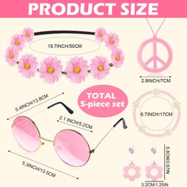 Gzcnsel Complete 6-Pcs Hippie Dress-Up Set – 70s Boho Party Accessories with Pink Daisy Headbands, Peace Sign Necklaces & Round Sunglasse