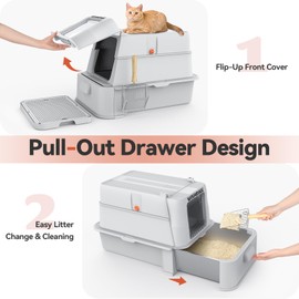 Wooaidagg Covered Stainless Steel Cat Litter Box with Odor Control, Modular Design with Drawer, Easy to Clean with Scoop,XL Size Fits All Cats (Light Grey)