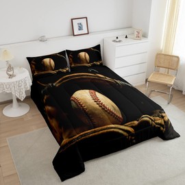 Erosebridal Baseball Comforter Set Full Size Sports Game Bedding Baseball Player Duvet Insert for Kids Boys Teens Retro Style Quilt for Room Dorm Decorative, Brown Down Comforter