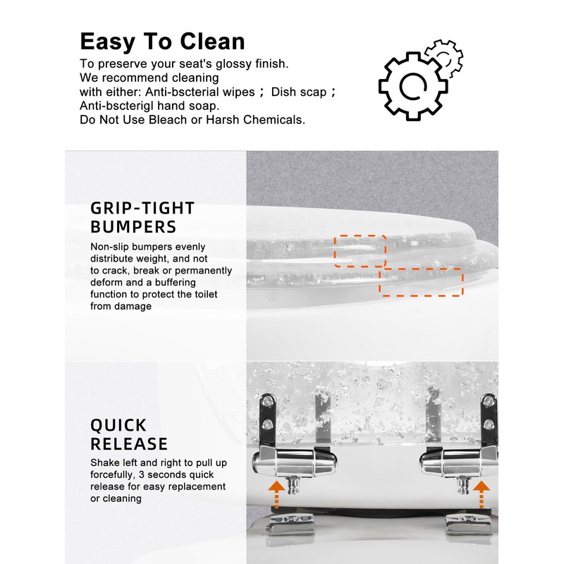 Resin Toilet Seat Round with Easy Clean Adjustable Hinges, Soft