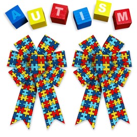 Estivaux 2 Pieces Autism Awareness Bows for Wreath, Colorblocking Autism Wreath Bows Blue Red Burlap Bows Autism Craft Bows for Front Door Decor Support Public Welfare Activities Supplies