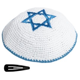 EREZ OVED KIPPIK Star of David Jewish KippahHatFor Men & Kids with Clip Beautifully Knitted (Magen David Blue)