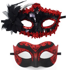 Aimeein 2PCS Couple Masquerade Masks Set Red Mardi Gras Accessories Mask for Venetian Decorative Masquerade Props Costume Ball