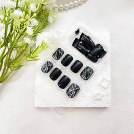 Black Press on Nails Short Fake Nails with Marble Designs Square False Nails Press ons Glossy Full Cover Glue on Nails Daily Wear Simple Stick on Nails for Women 24 Pcs