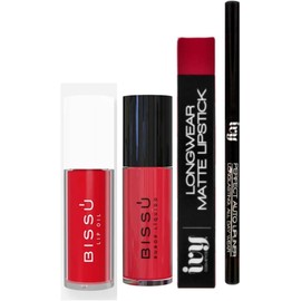 Kit de Maquillaje Rostro y Labios 1 Rubor Liquido + 1 Lip Oil Bissu + 1 Labial de Larga Duracion Ivy + 1 Lapiz Delineador de Labios (CHERRY LOVE)