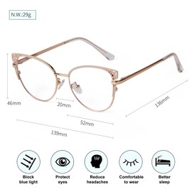 ADEWU Glasses without Prescription with Blue Light Filter Glasses Frames Women's Cat Eye Chic Party Fake Glasses, gold