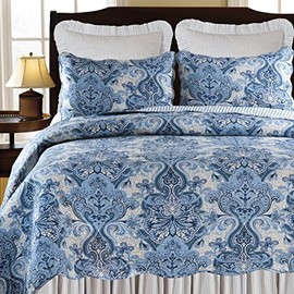 C&F Home Navy Damask King Quilt Cotton Machine Washable Reversible King Blue