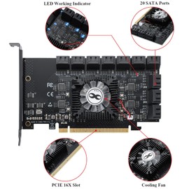 MZHOU PCIe SATA Card 20 Port SATA 16X 3.0 Devices, with SATA Cables&SATA Power Cable，6Gbps SATA 3.0 PCIe Card（5 * 1064+1812 Chip）