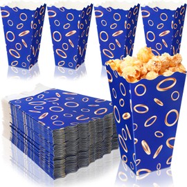 LemonRoad 60 Pcs Blue with Gold Ring Print Popcorn Boxes 28oz Paper Popcorn Containers Video Game Party Supplies for Movie Night Decorations Wedding Birthday Party Favors