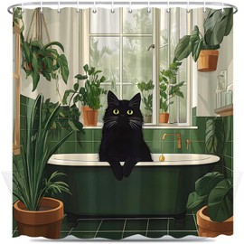 Plant Cat Shower Curtain Boho Green Leaf Botanical Cute Black Kitten Natural Plants Modern Minimalist Aesthetic Botanical Vintage Bathroom Decor Sets Polyester Fabric with Hooks 70X70 Inch