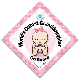 World's Cutest Granddaughter On Board Car Sign 2, Baby on Board Sign, Advisory Suction Cup Car Sign to Let Other Road Users Baby is in The Car, 14 cm x 14cm x 2cm