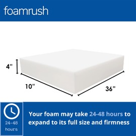 FoamRush 4" x 10" x 36" High Resilience Foam, Extra Firm Foam Sheet, Seat Cushion Upholstery Foam for Dining Chair, Square Foam Cushion, Couch Cushion Replacement, Foam Padding