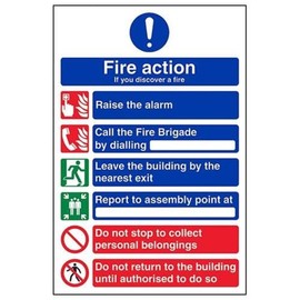 V Safety General 6 Message Fire Action Notice Sign - 200mm x 300mm - 1mm Rigid Plastic