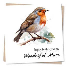 Beautiful Robin Birthday Card for Mum - Happy Birthday To My Wonderful Mum - Greetings Wish for Mom, Mother From Son, Daughter - Made in UK